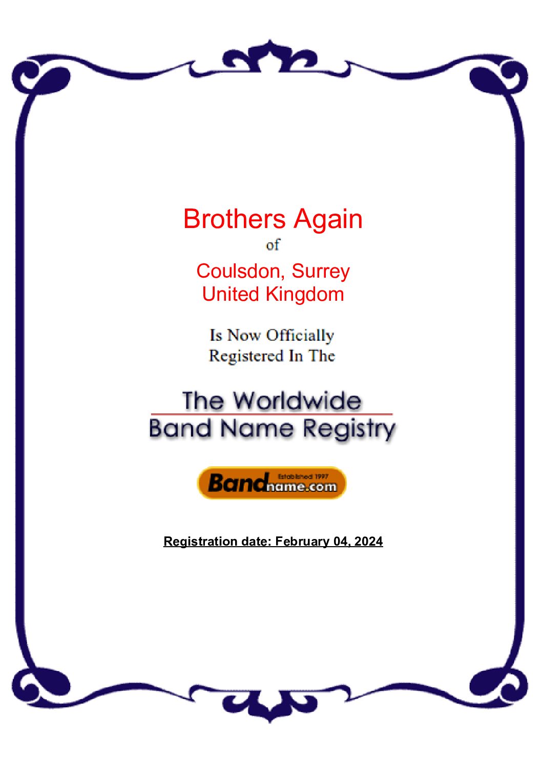 The Registration of our band name Brothers Again